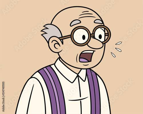 Surprised elderly man wearing glasses with open mouth in a cartoon illustration.