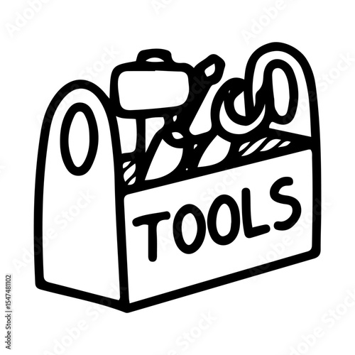 Toolbox. Hand drawn doodle vector. Handyman equipment. Plastic or metal container with working tools. Hammer, screwdriver, wrench. Illustration line art element.