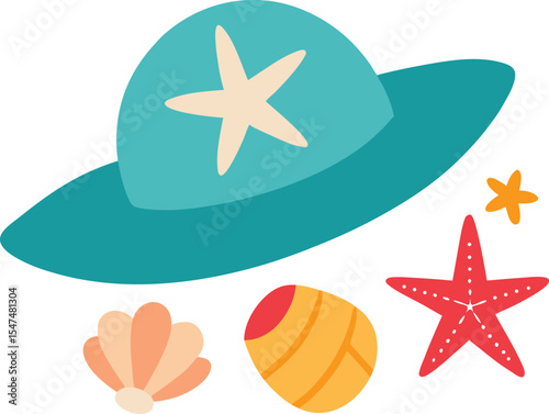 Summer straw hat with starfish and seashells beach design