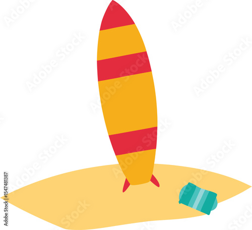 Surfboard stuck in sand with flip flops and beach scene