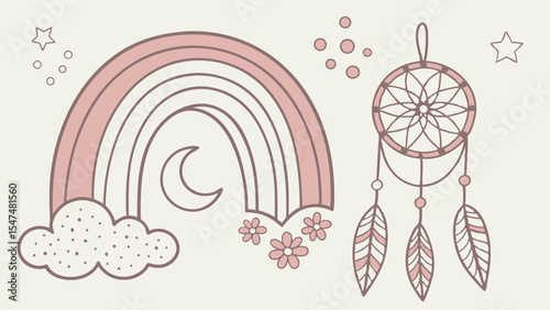 Cute boho dreamcatcher and pastel rainbow with moon, stars, cloud, and flowers. Gentle nursery decor.