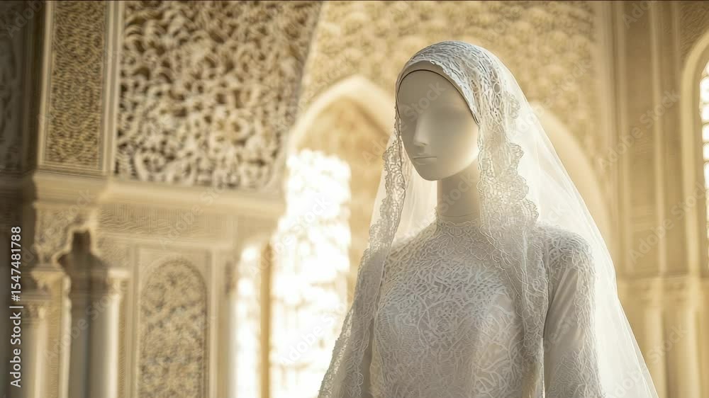 Muslim woman in hijab. Mannequin bride in wedding white festive dress and hijab. Modesty. Religion Islam. Wedding and engagement. A woman wearing a white head scarf stands in front of a wall with intr