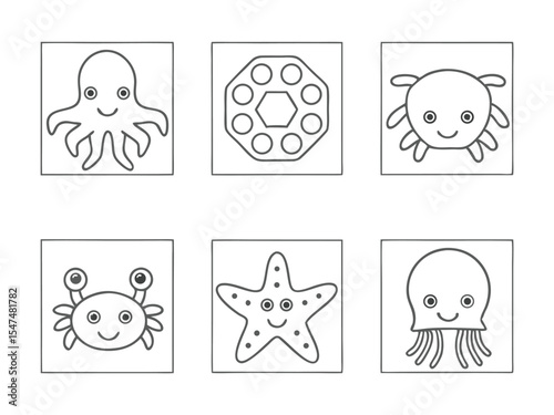 Cute outline illustrations featuring happy sea creatures like an octopus crab and jellyfish for children.