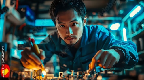 Young Asian male DJ performing at nightclub mixer console with dramatic blue neon lighting creating moody atmospheric entertainment scene.