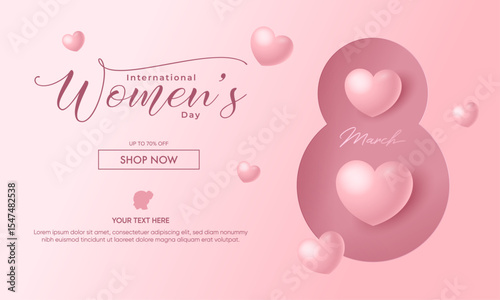 8 March Background Design. Advertising, web, social media and fashion ads template for international women's day. Vector illustration for poster, flyer, greeting card, website.