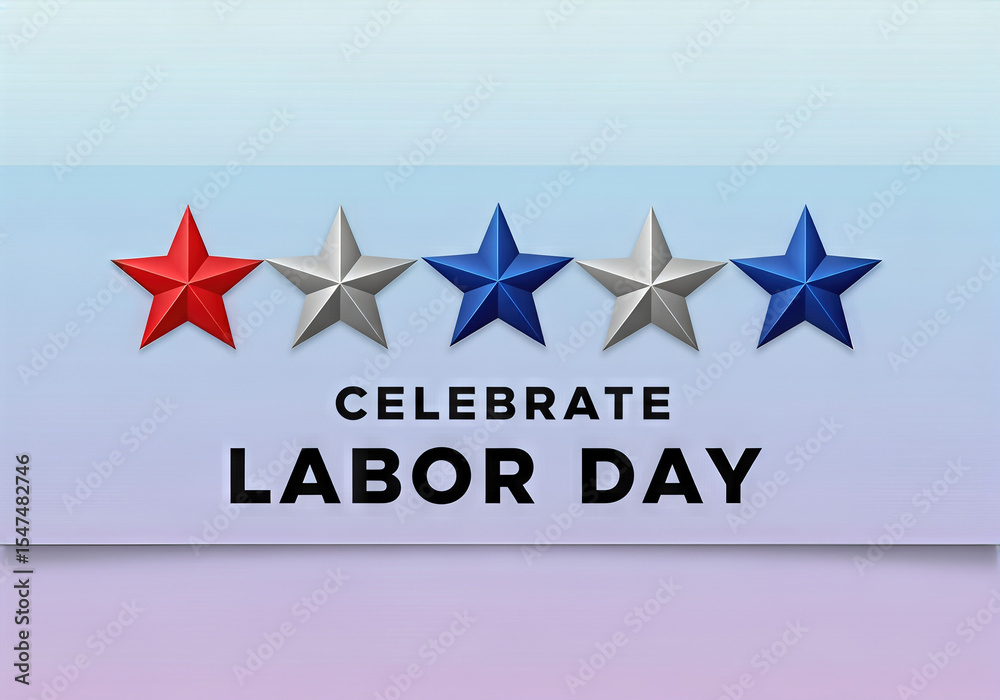 Fototapeta premium Labor day celebration banner with red, silver, and blue stars on gradient background
