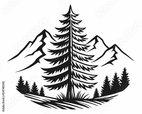 Vector illustration of a detailed evergreen tree with mountains and other trees in a circular layout.