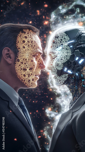 A businessman and a protester facing each other, their faces dissolving into fractal patterns as an AI neutralizes their hostility with logic-based dialogue.