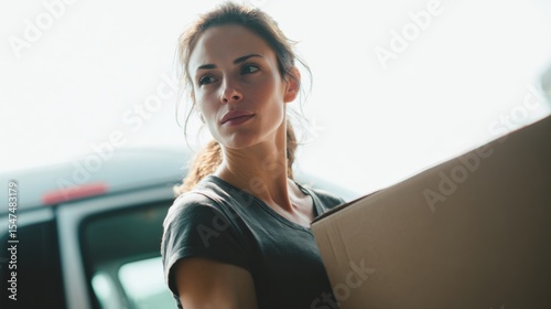 Woman Carrying Heavy Box for Delivery Loading