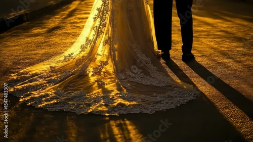 A bride and groom are standing on a sidewalk. The bride is wearing a long dress. Nikah. Muslim wedding, bride in hijab and groom. Islamic wedding concept.