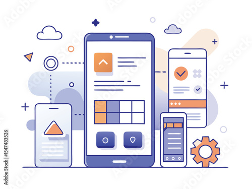 Illustration Mobile wireframe idea with minimalist design. Showcasing various UI elements