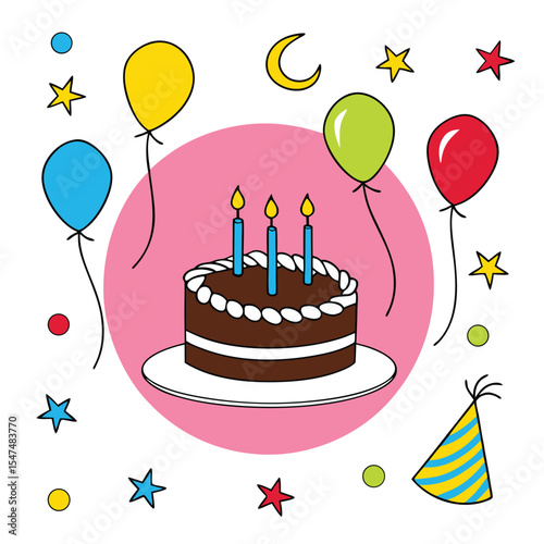Colorful birthday celebration illustration with a decorated cake and party elements isolated on white background.