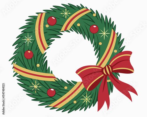 Festive christmas wreath with red bow ornaments and golden ribbons on a white background