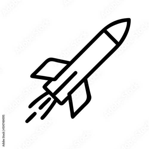 Minimalist black outline vector icon of a ballistic missile in flight, symbolizing strategic weapons, and military power. Isolated on a transparent background