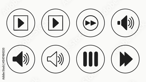 Media player and audio control icons set. Play, pause, fast forward, volume buttons. UI UX web and app design elements.