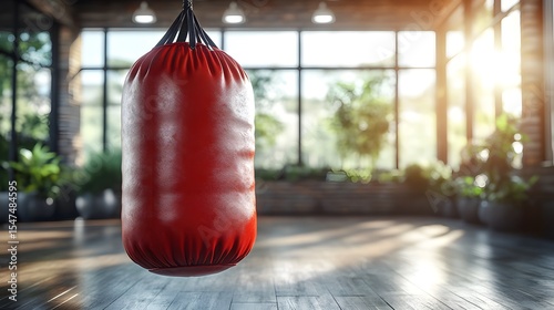 Red Heavy Punching Bag in a Sunlit Gymnasium Setting
