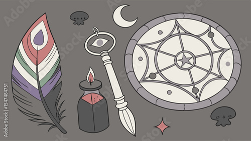 Mystical magic tools and witchcraft items flat lay. Fantasy collection with feather, key, moon, and symbols.