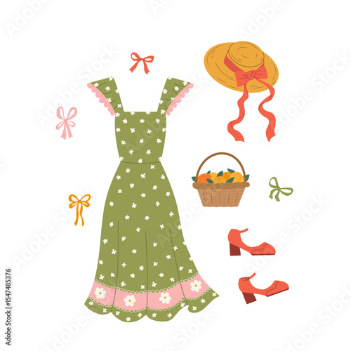 Isolated flat vector illustration of summer dress, hat, bows, shoes and fruits basket on white background. Rural lifestyle.
