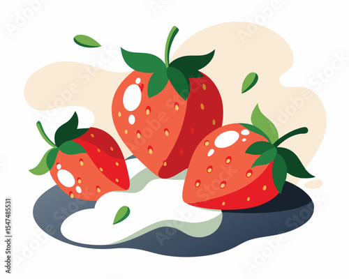 Delicious illustration of three vibrant strawberries with green leaves and sweet creamy elements.