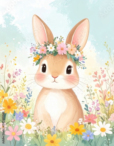 Cute bunny with flower crown in a field of colorful wildflowers