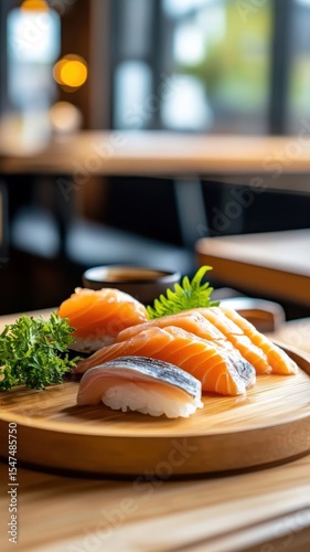 Sashimi served in cozy Japanese dining room with warm lighting and rustic décor, featuring fresh fish on wooden tray.
