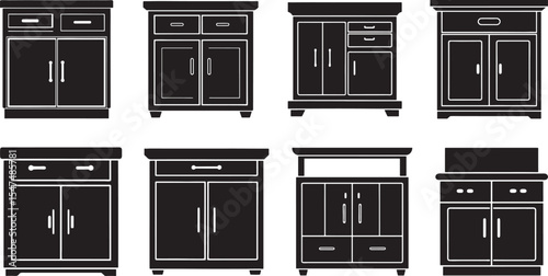 set of kitchen cabinet silhouette, black and white silhouette, vector and illustration