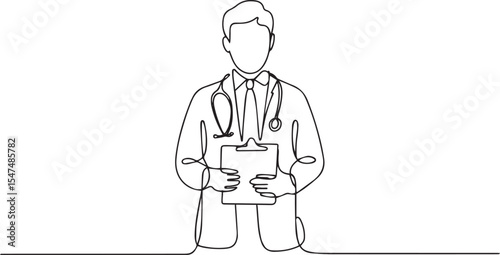 Continuous single line drawing of medical doctor holding clipboard with stethoscope, minimalist vector illustration in line art style


