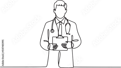 Continuous single line drawing of medical doctor holding clipboard with stethoscope, minimalist vector illustration in line art style


