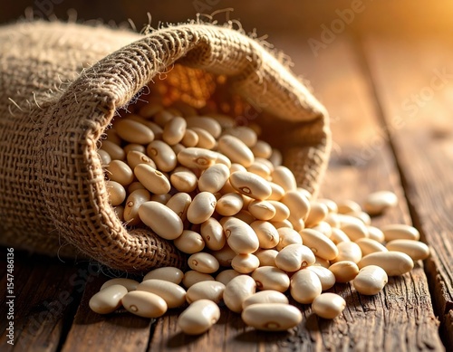 Rustic burlap sack with white beans on wooden table in sunlight