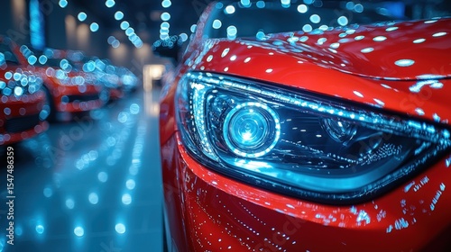Close-up of a red luxury car headlight in a car dealership showroom with reflections and bokeh lights