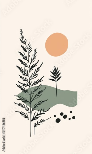 simple cartoon drawing, minimalist fern and beach side, tarot card style