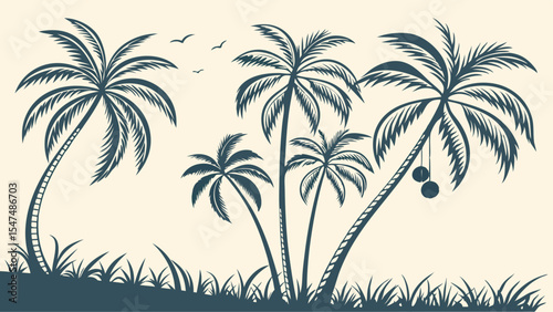 Tropical palm trees silhouette vector illustration. Summer vacation island beach background graphic design element.