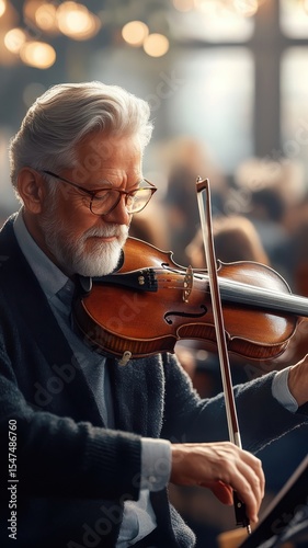 Old people playing familiar tunes on violins, their expressions filled with nostalgia in a warmly lit room.