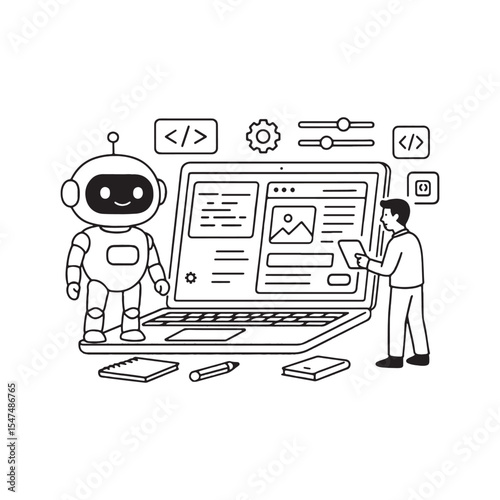Cute ai assistant and man collaborating on website development tasks
