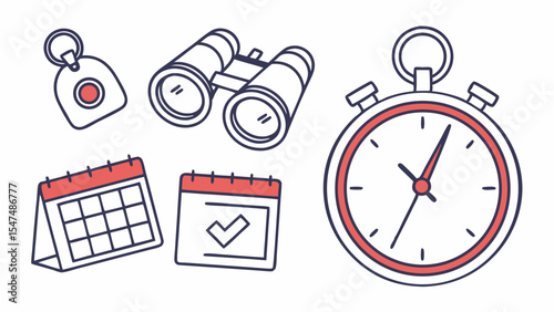 Time management, business planning, and travel concept with calendar, stopwatch, binoculars, and car key.