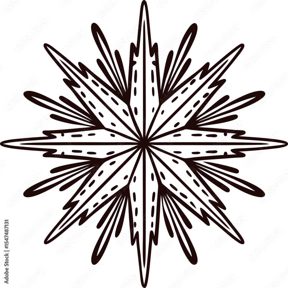 Obraz premium Symmetrical eight pointed geometric starburst design with bold outlined lines and intricate inner details