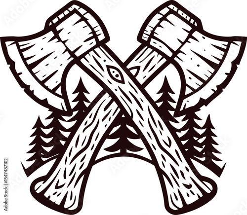 Crossed woodcutter axes with carved handles and evergreen trees in vintage monochrome emblem illustration