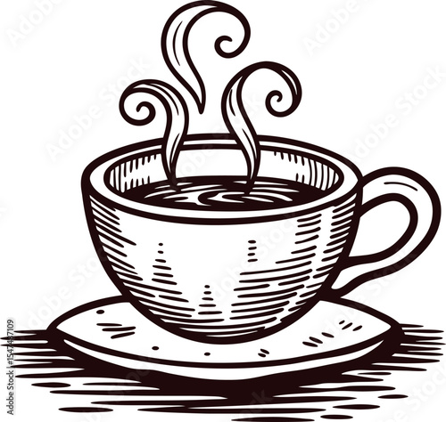 Hand drawn vintage cup of hot coffee with steam rising, engraved illustration on white background