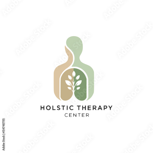 Holistic therapy center logo with human silhouette, leaf symbol and earthy colors suitable for health or healing brand