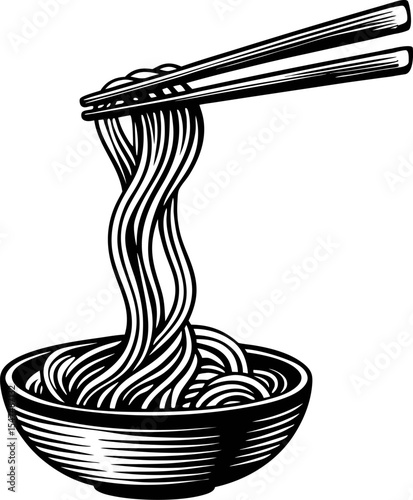 Vintage engraving of a bowl of noodles lifted by chopsticks in black and white sketch illustration