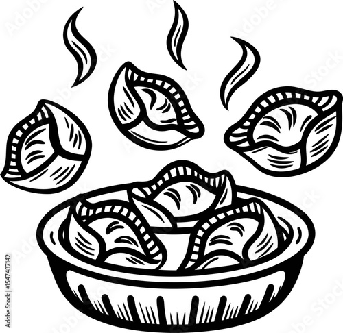 Traditional hand drawn dumplings in bowl with rising steam line art illustration