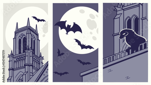 Gothic church tower with full moon and flying bats at night. Spooky dark mysterious Halloween building architecture background.