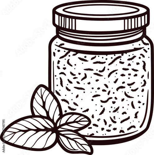 Hand drawn jar with spice blend and mint leaves vintage glass container with seasoning isolate illustration