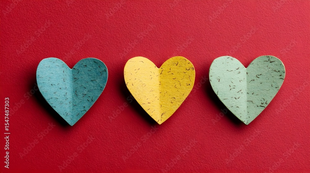 Obraz premium Three Colorful Paper Hearts on Red Background, love, valentine, valentines, valentine's day, craft