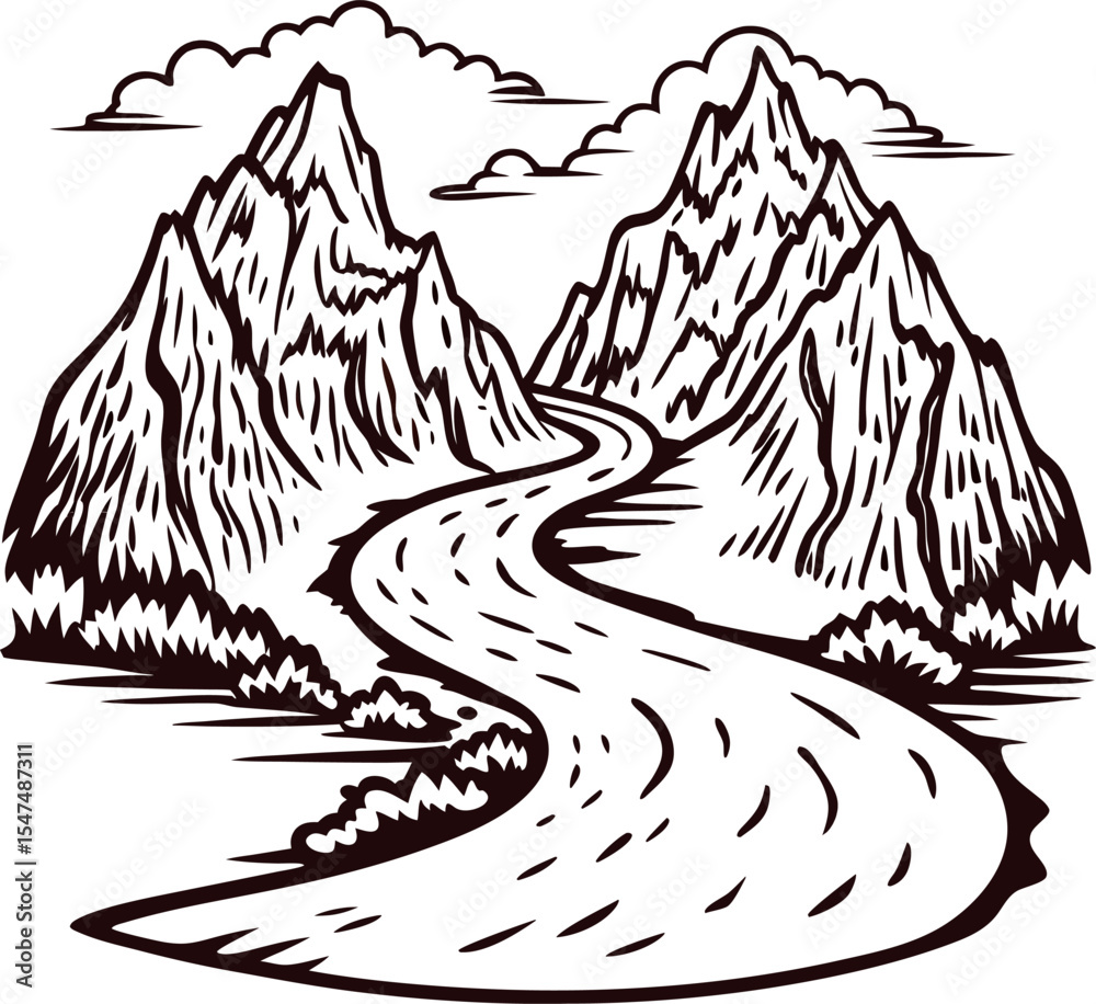Hand drawn river landscape with mountain peaks and clouds, vintage engraved illustration