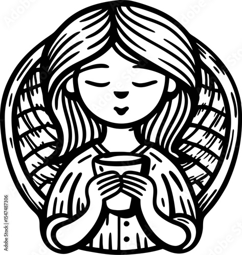 Peaceful angel with closed eyes holding a cup, black and white vintage engraving illustration