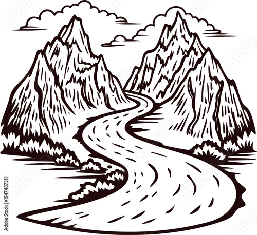 Hand drawn river landscape with mountain peaks and clouds, vintage engraved illustration