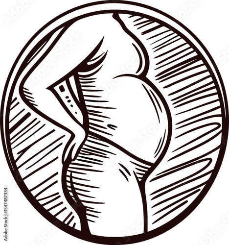 Vintage engraved sketch of pregnant woman holding belly in round emblem, stylized hand drawn outline
