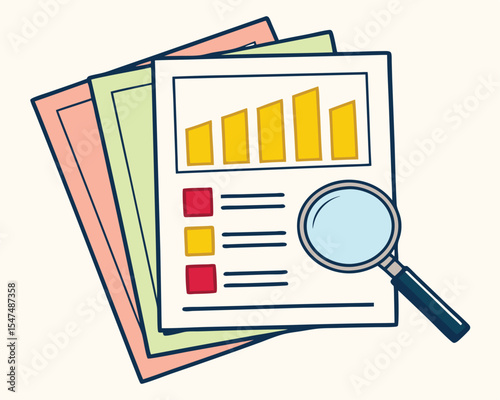 Analysis of business charts and reports using a magnifying glass in simplified illustration. analysis, business, report, chart, graph, data.
