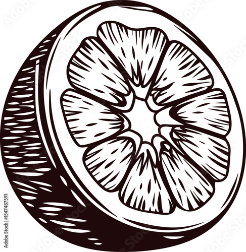 Hand drawn illustration of citrus fruit half with detailed segments and textured rind in vintage engraving
